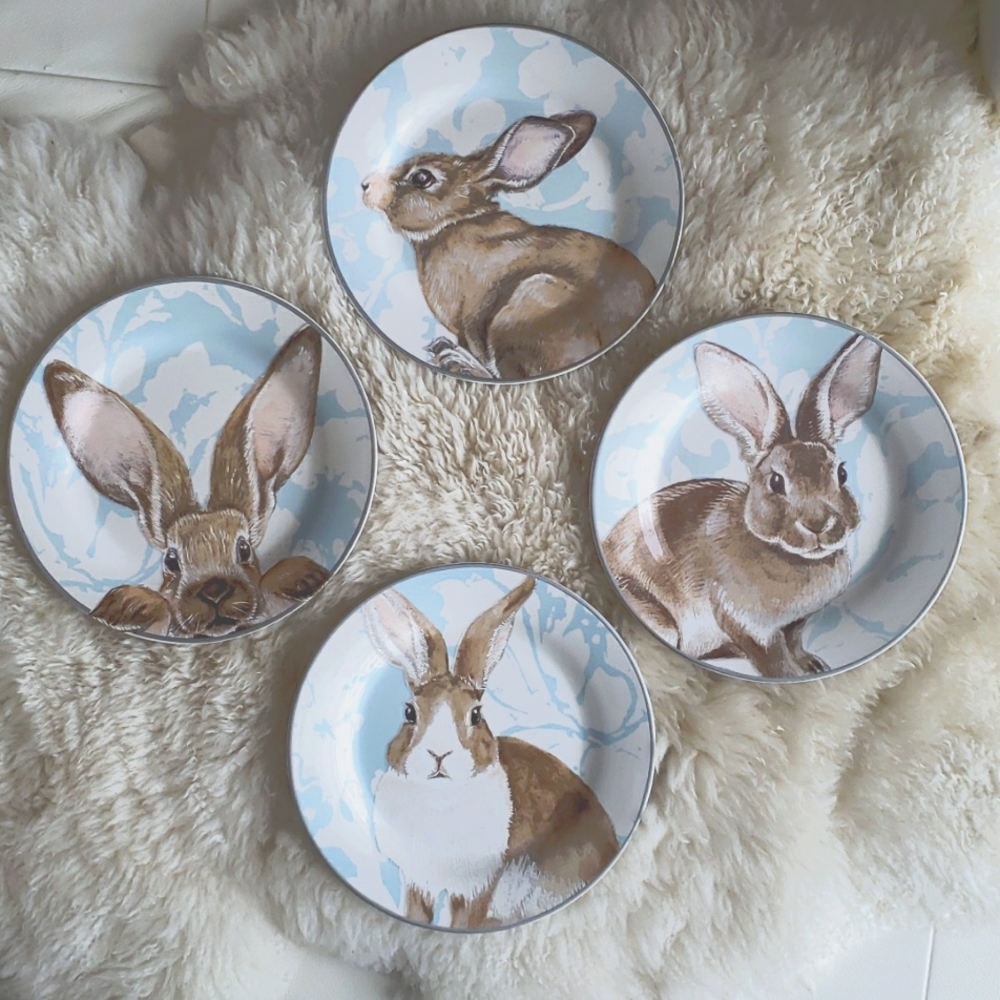 Set of 4 Damask Bunny Plates - Easter Plates